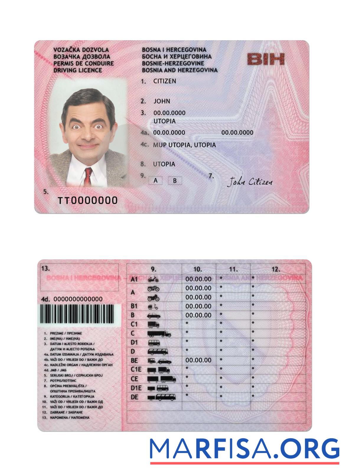 Blank Bosnia and Herzegovina driving license version 2 example